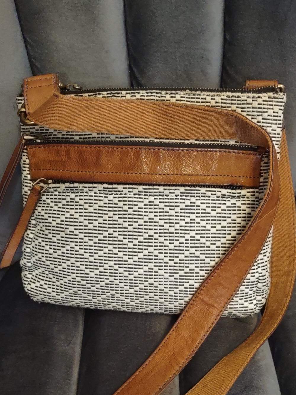Fossil Black & White Woven Crossbody with Brown Leather Trim